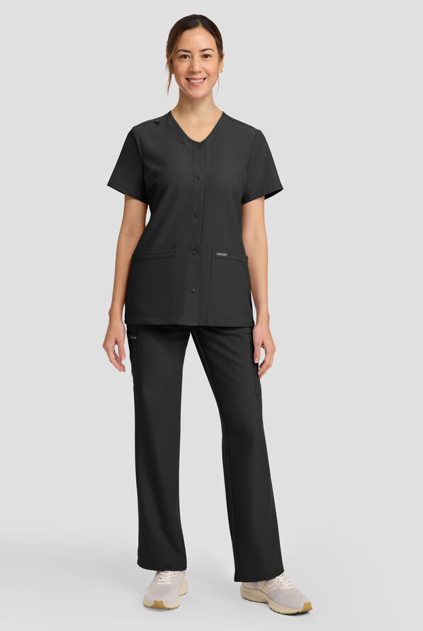 Cherokee Workwear Originals Ultra Women's 2-Pocket Snap Front V- Neck Scrub Top - Black - 3