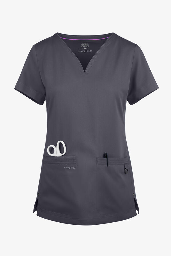 Healing Hands Purple Label Jean Women's 3-Pocket STRETCH Jewel Neck Scrub Top - Pewter - 1