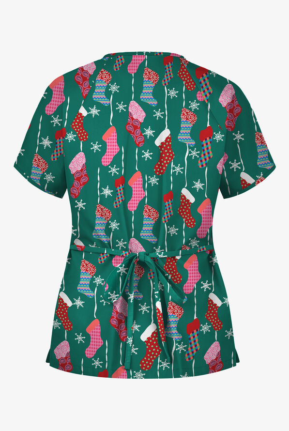 Butter-Soft Waiting For Santa Hunter Women's 2-Pocket Mock Wrap Print Scrub Top - null - 2