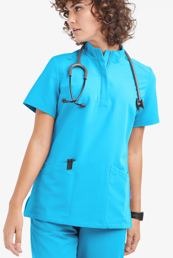 Movement by Butter-Soft Lyrae Women’s 6-Pocket Zip Closure Neck Scrub Top - Turquoise - 2