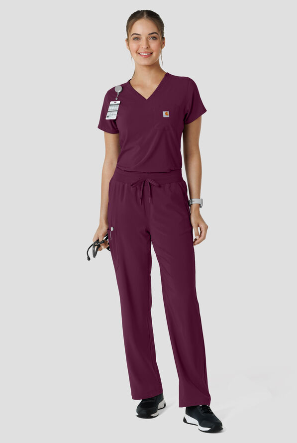 Pantal&oacute;n m&eacute;dico Carhartt Cross-Flex Force STRETCH de corte acampanado estilo cargo con cord&oacute;n convertible y 6 bolsillos para mujer - Wine - 5