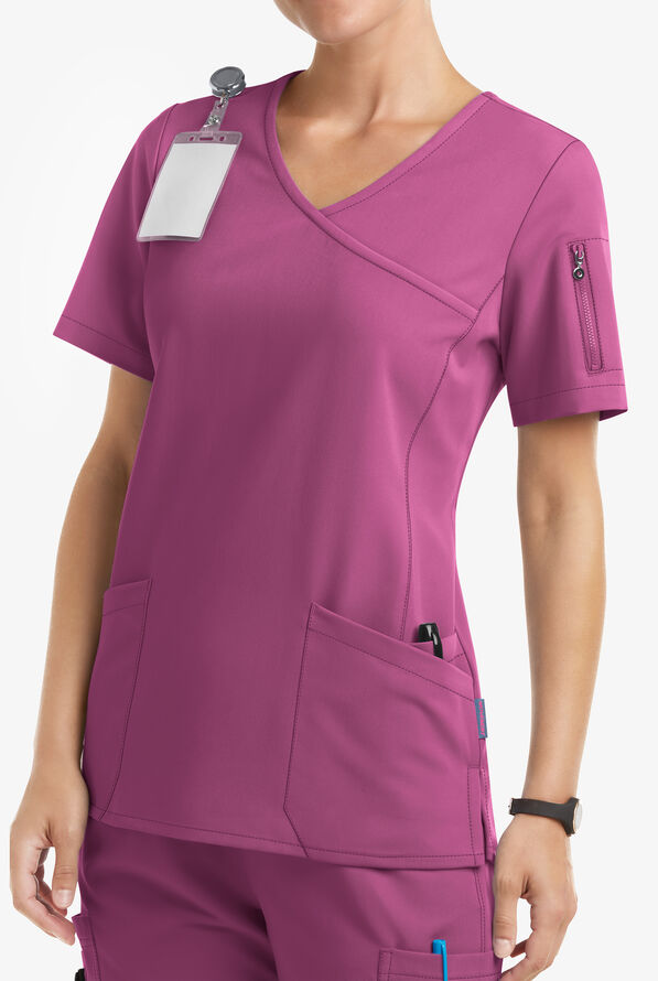 MOVEMENT by Butter-Soft Capella Women's 5-Pocket Faux Wrap STRETCH Scrub Top - Cassis Oasis - 2