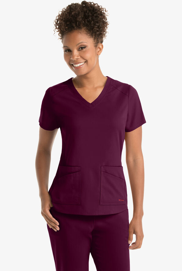Blusa m&eacute;dica Grey&rsquo;s Anatomy Spandex STRETCH con cuello en V y 4 bolsillos para mujer - Wine - 2