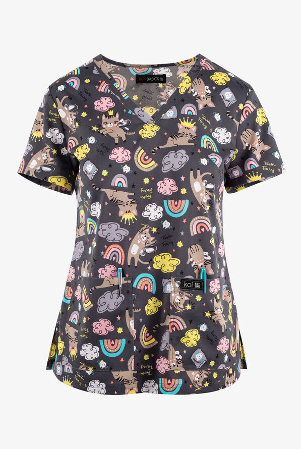 koi Basics Toof Fairy Cats Women's 2-Pocket STRETCH V-Neck Print Scrub Top - null - 1