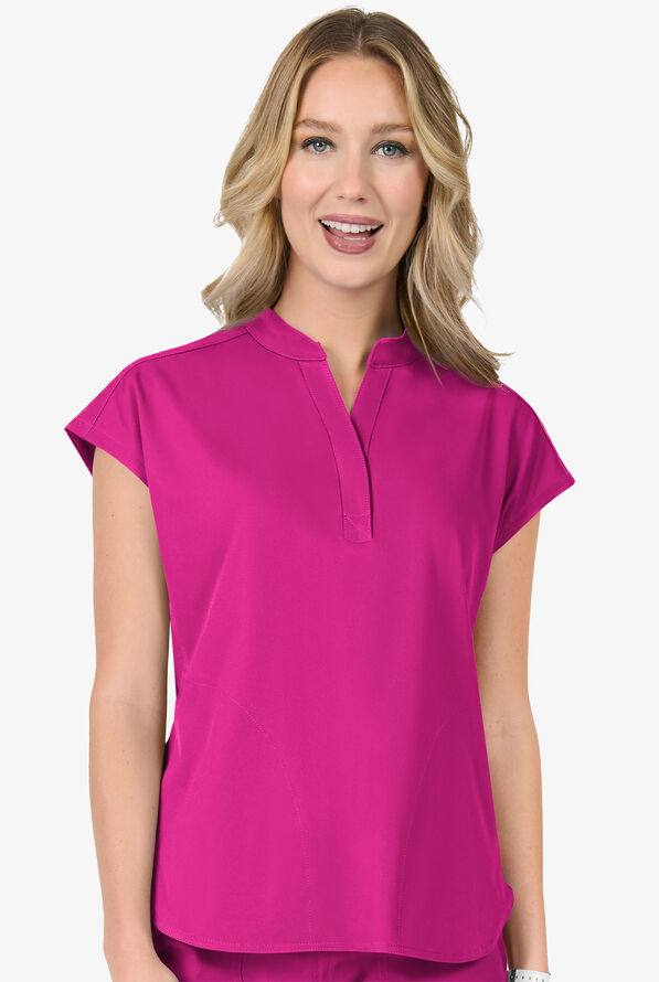 Zavate Ava Therese Piper Women's 2-Pocket STRETCH Dolman Sleeve Mandarin Collar Scrub Top - Razzmatazz - 2
