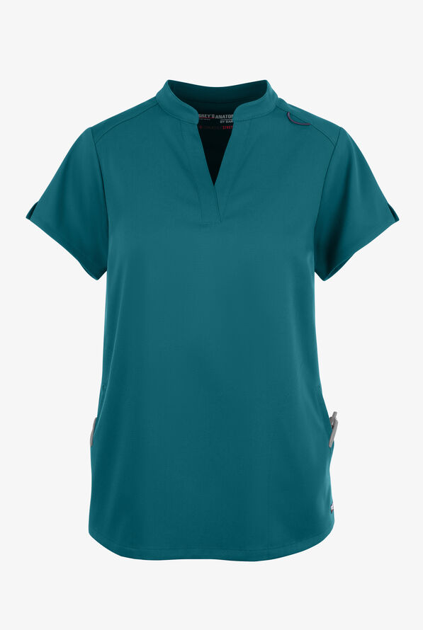 Grey's Anatomy by Barco Spandex STRETCH Avery Women's 2-Pocket Notch Sleeve V-Neck Scrub Top - Bahama Blue - 1