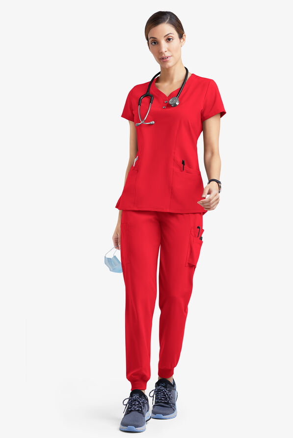 Easy STRETCH Demi Women's 4-Pocket Henley Scrub Top - Atomic Red - 2