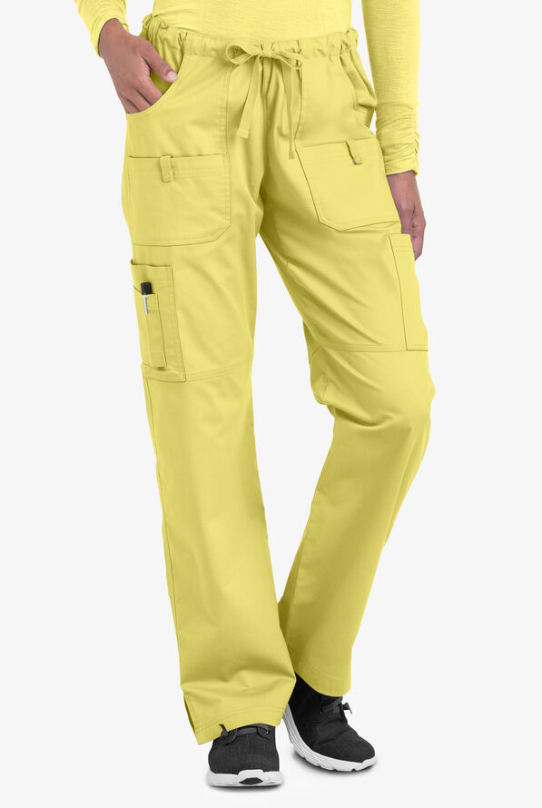 Butter-Soft STRETCH Women's 10-Pocket Drawstring Scrub Pants - Petite - Lemon Sherbet - 1