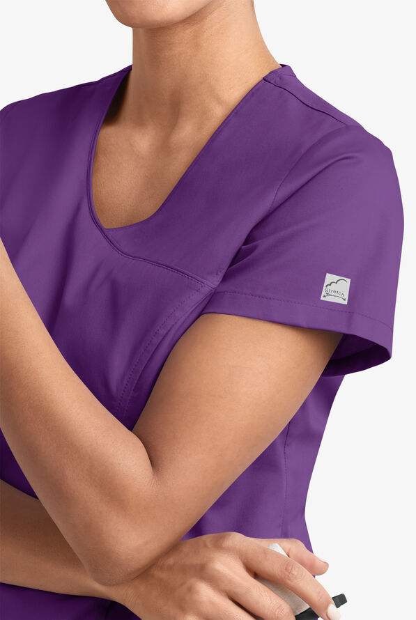 Blusa m&eacute;dica UA Butter-Soft STRETCH estilo cruzado con cuello en V y 3 bolsillos para mujer - Eggplant - 3