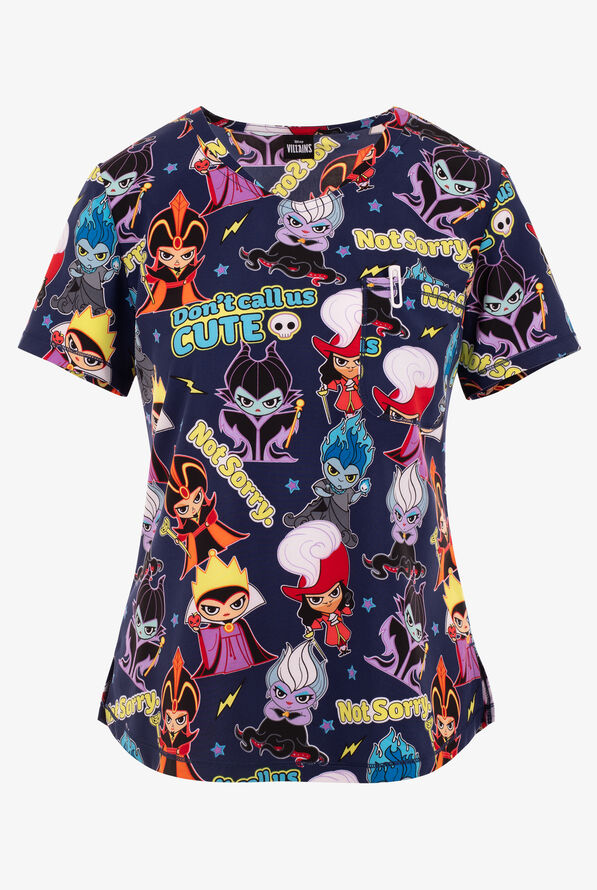 Tooniforms Disney's Villians Not Sorry Women's 2-Pocket STRETCH V-Neck Print Scrub Top - null - 1
