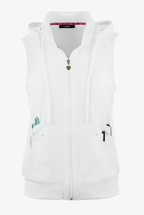 heartsoul Break On Through Women's 4-Pocket STRETCH With Removable Hoodie Scrub Vest - White - 1