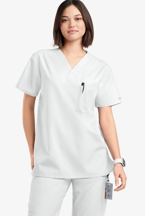 Blusa médica unisx Butter-Soft Originals con cuello en V y 2 bolsillos - White - 2