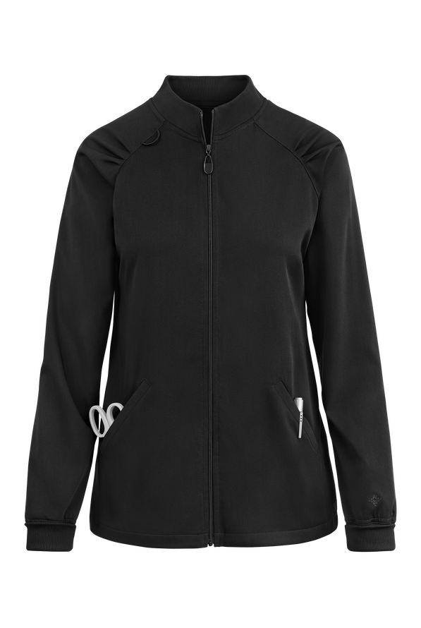 Med Couture Touch Women's 4-Pocket STRETCH Raglan Sleeve Zip Front Scrub Jacket - Black - 1