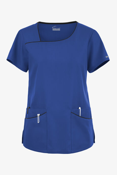 Blusa médica Butter-Soft Originals con cuello asimétrico y 4 bolsillos para mujer