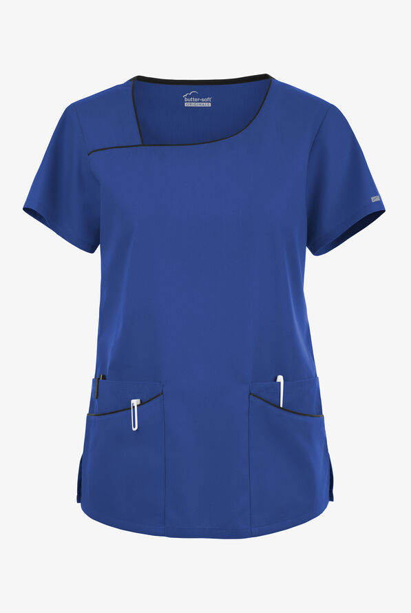 Butter-Soft Originals Women's 4-Pocket Asymmetrical Neck Scrub Top - Galaxy/Black - 1