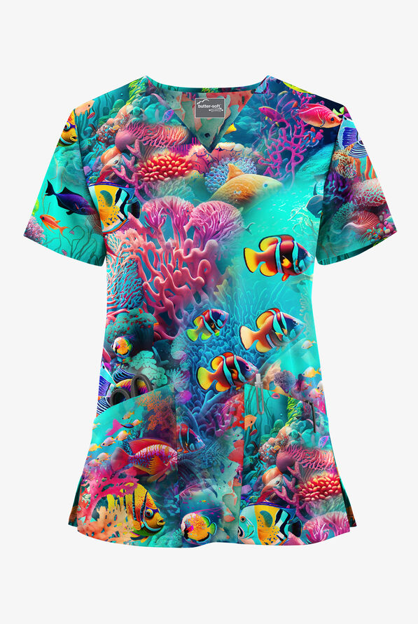 Butter-Soft STRETCH Underwater Paradise Turquoise Women's 2-Pocket V-Neck Print Scrub Top - null - 1