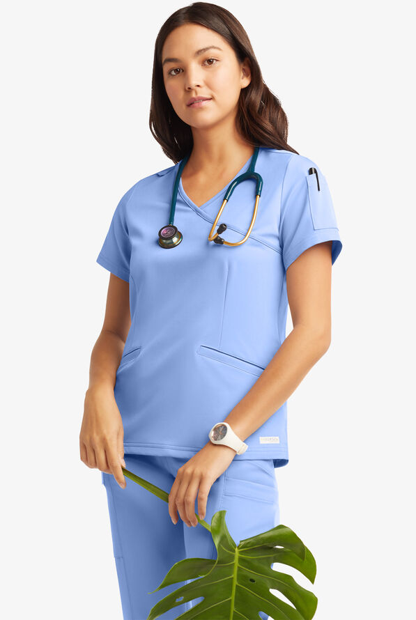 Butter-Soft Women's 5-Pockets Faux Wrap Scrub Top **Slightly IRREGULAR** - Ceil Blue - 7