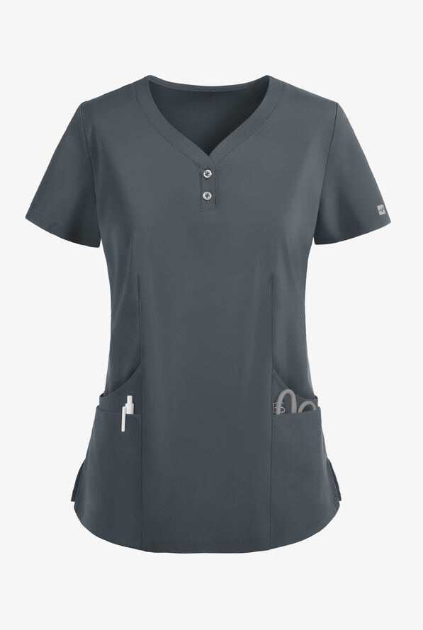 Easy STRETCH Demi Women's 4-Pocket Henley Scrub Top - Pewter - 1