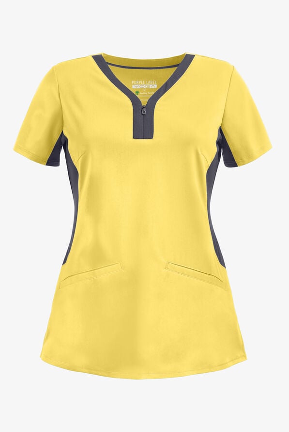 Healing Hands Purple Label Jessi Women's 3-Pocket STRETCH Y-Neck Scrub Top - Canary/Pewter - 1