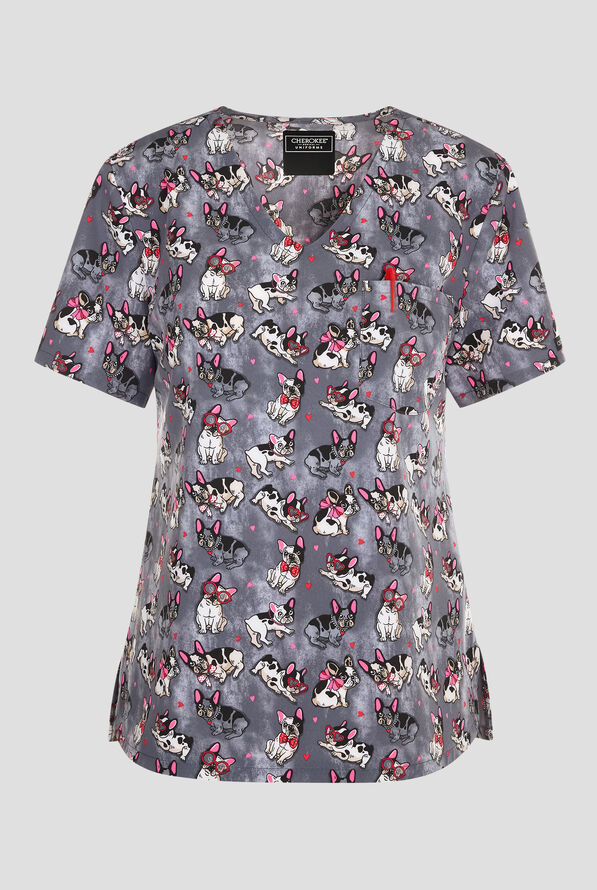 Cherokee Frenchie Kiss Women's 1-Pocket STRETCH V-Neck Print Scrub Top - null - 1