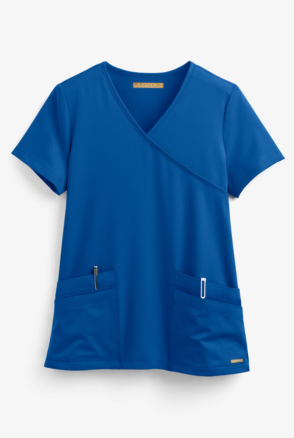 Lauderdale by UA Solar Women's 4-Pocket V-Neck Mock Wrap STRETCH Scrub Top - Royal - 1