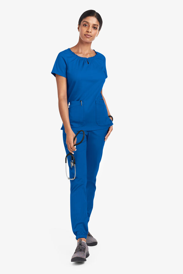 Blusa médica UA Butter-Soft STRETCH estilo campesina con mangas cortas y 6 bolsillos para mujer - Royal - 2