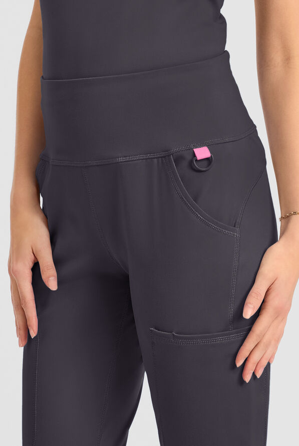 Med Couture Amp Knit Women's 5-Pocket STRETCH High-Rise Yoga Waistband Flare Leg Scrub Pant - Pewter - 3