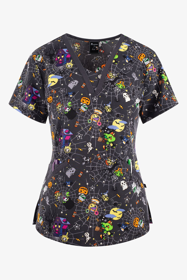 koi tokidoki After Dark Halloween Women's 3-Pocket STRETCH V-Neck Print Scrub Top - null - 1