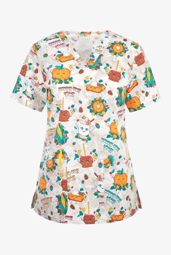 Cherokee Happy Fall Y'all Women's 2-Pocket STRETCH V-Neck Print Scrub Top - null - 1