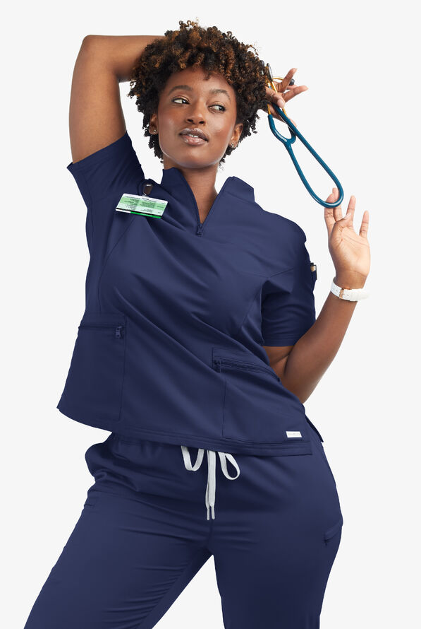 Butter-Soft Women's 5-Pocket Zipper Neck Short Sleeve Scrub Top **Slightly IRREGULAR** - Navy - 8