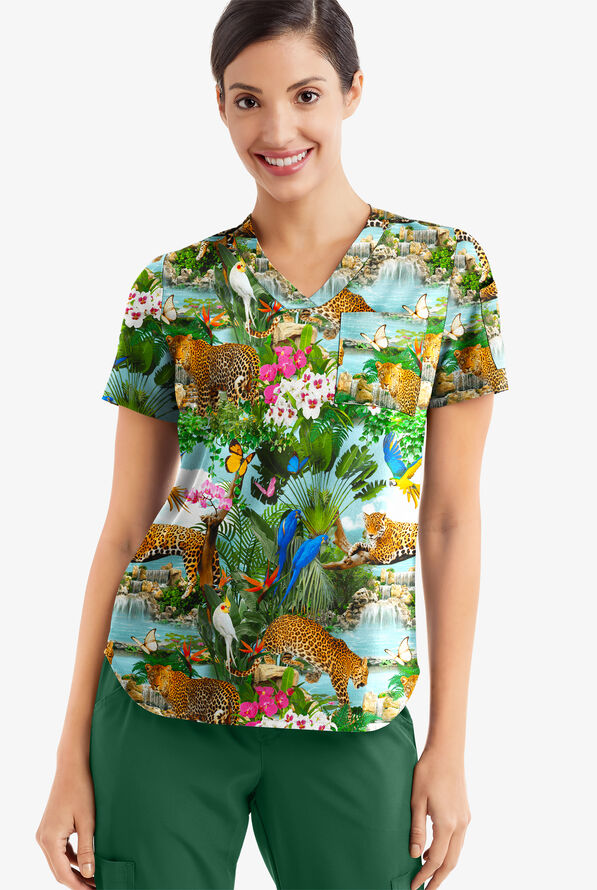Easy STRETCH Tropical Paradise Women's 2-Pocket Tuck-In V-Neck Print Scrub Top - null - 2