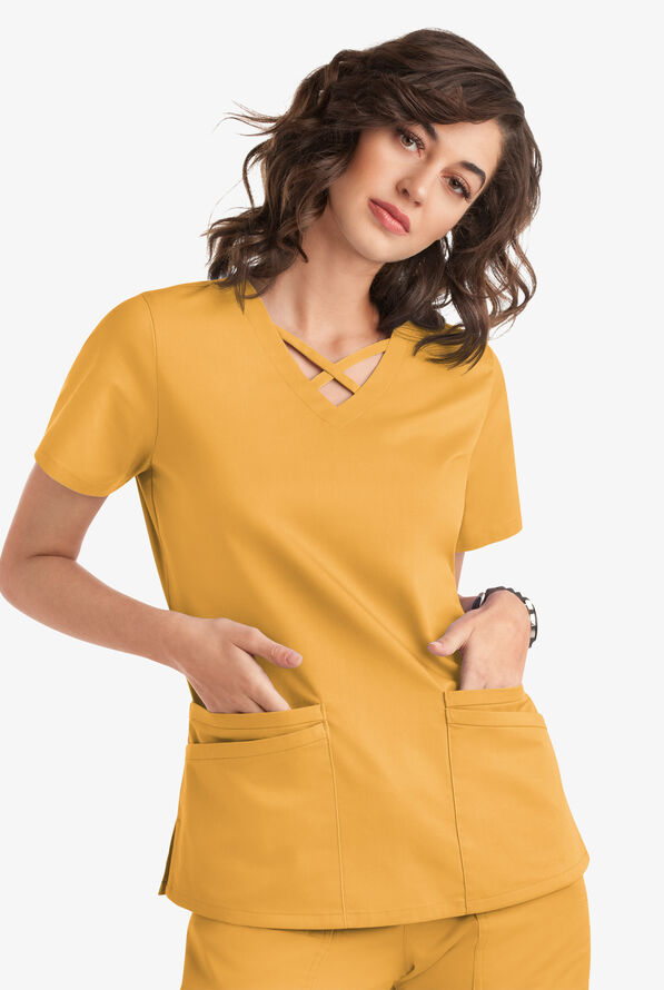 Blusa m&eacute;dica UA Butter-Soft STRETCH con lazos entrecruzados y 4 bolsillos para mujer - Apricot Sunset - 5