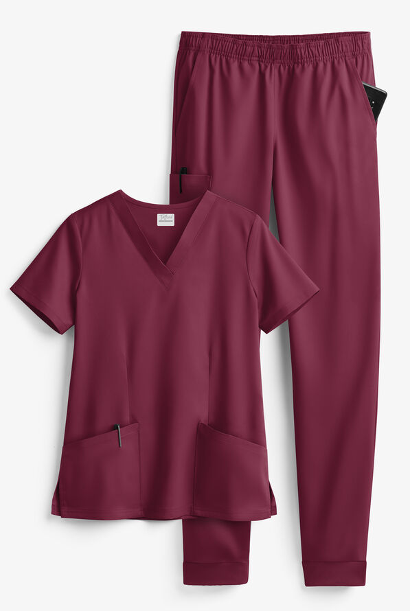 Tafford Active STRETCH Women's 5-Pocket Jogger Scrub Set - Wine - 1