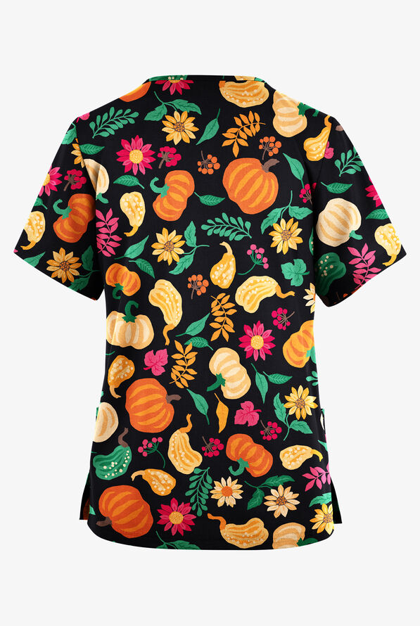 Butter-Soft Originals Fall Harvest Black Printed Women's 2-Pocket Classic Fit V-Neck Scrub Top - null - 2