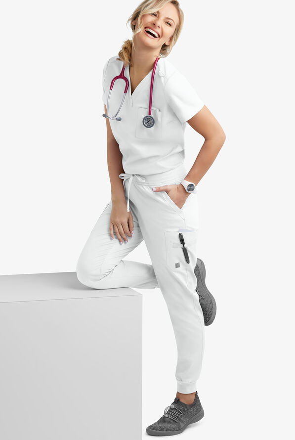 Blusa médica UA Butter-Soft STRETCH con cuello en V y 1 bolsillo para mujer - White - 2