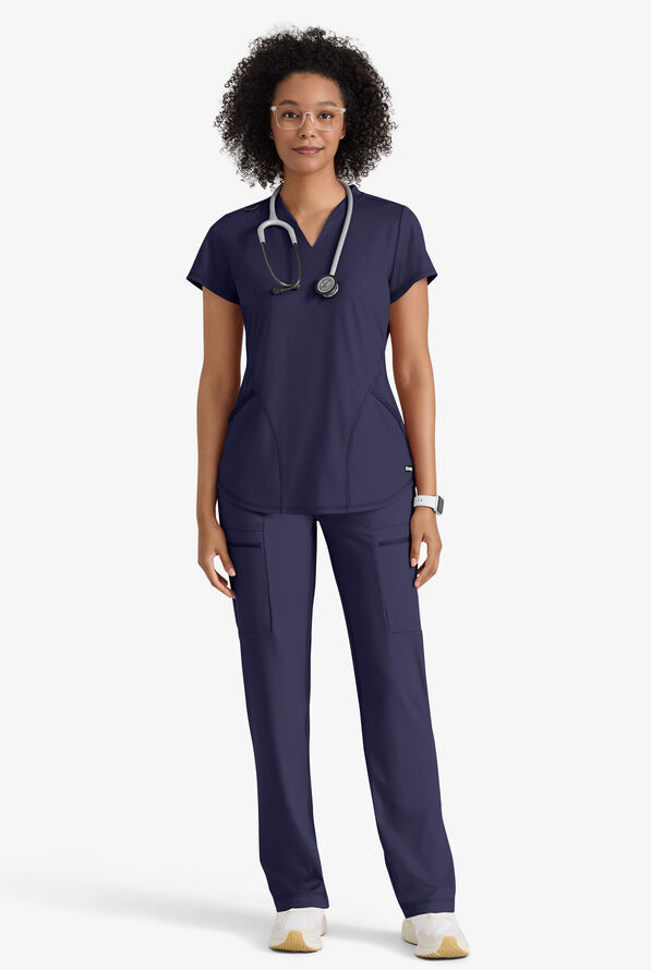 Grey's Anatomy by Barco Knit STRETCH Define Women's 2-Pocket Banded Notched V-Neck Scrub Top - Indigo - 3