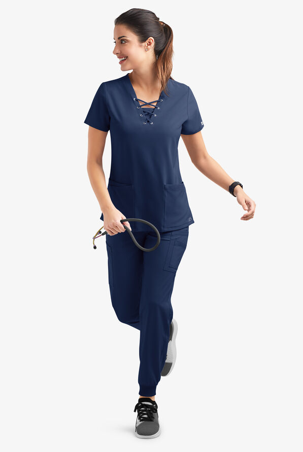 Blusa m&eacute;dica Easy STRETCH Gisele con cordones en el cuello en V y 4 bolsillos para mujer - Navy - 6