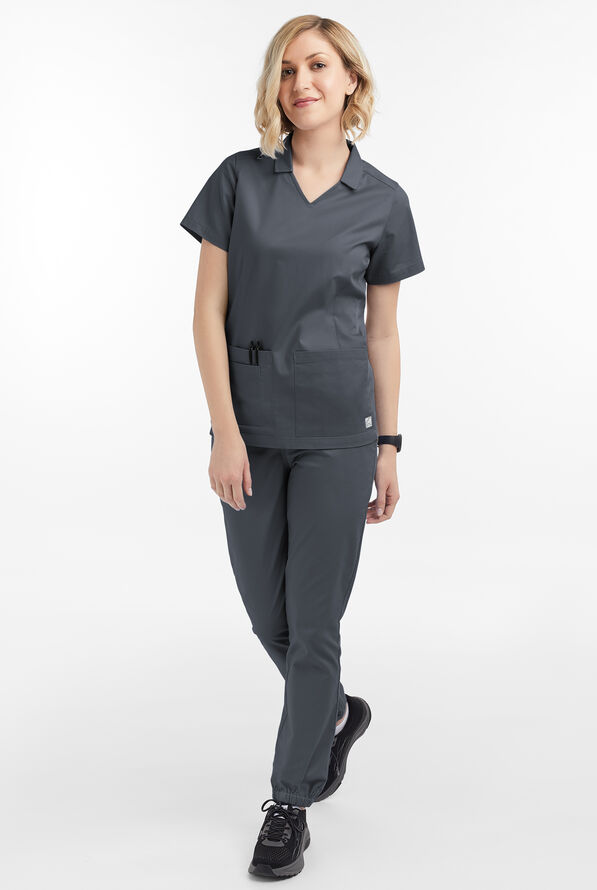 Butter-Soft STRETCH Women's 3-Pocket Short Sleeve Collar and Knit Panels Scrub Top - Pewter - 2