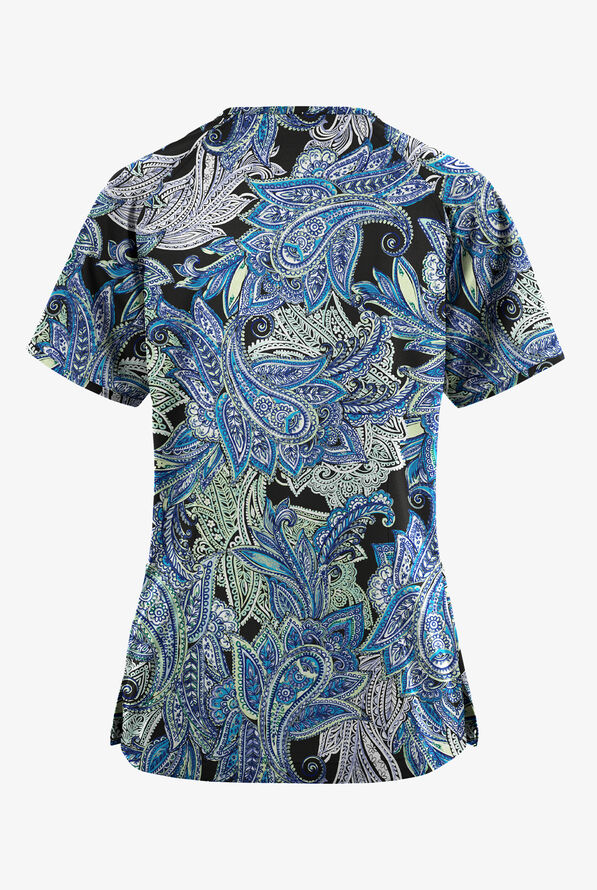 Butter-Soft Originals Layered Paisley Women's 3-Pocket Raglan Sleeve Mock Wrap Print Scrub Top - null - 2