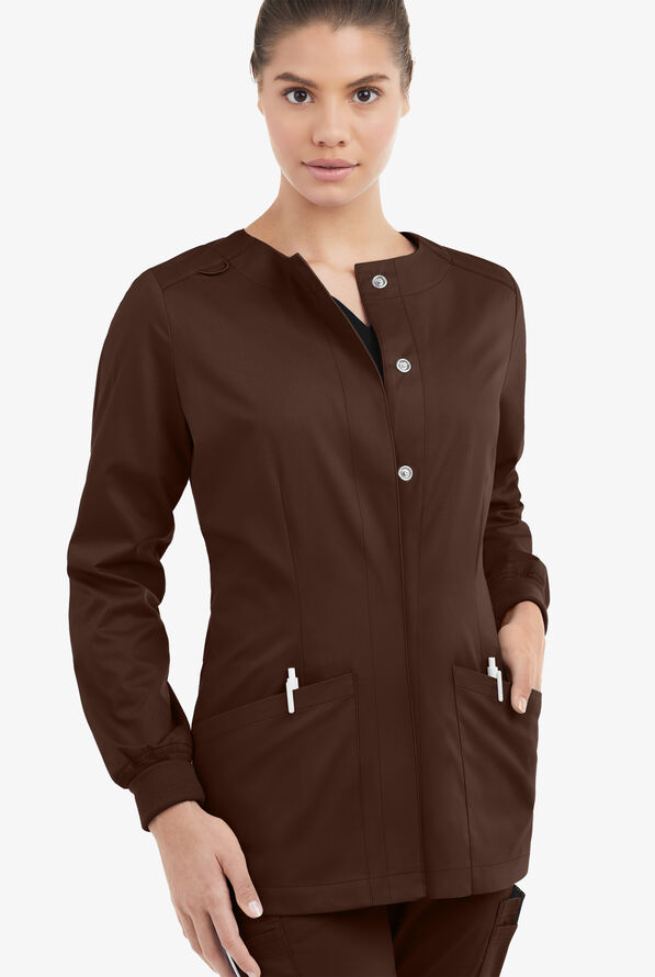 Butter-Soft STRETCH Women's 2-Pocket Long Sleeve Snap Front Scrub Jacket - Coffee Bean - 2