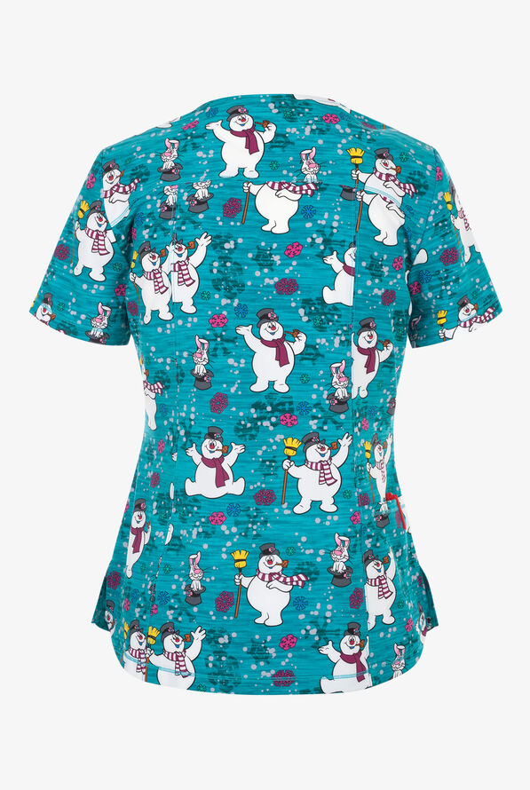 Tooniforms Frosty the Snowman Chilly Magic Women's 2-Pocket STRETCH V-Neck Print Scrub Top - null - 2