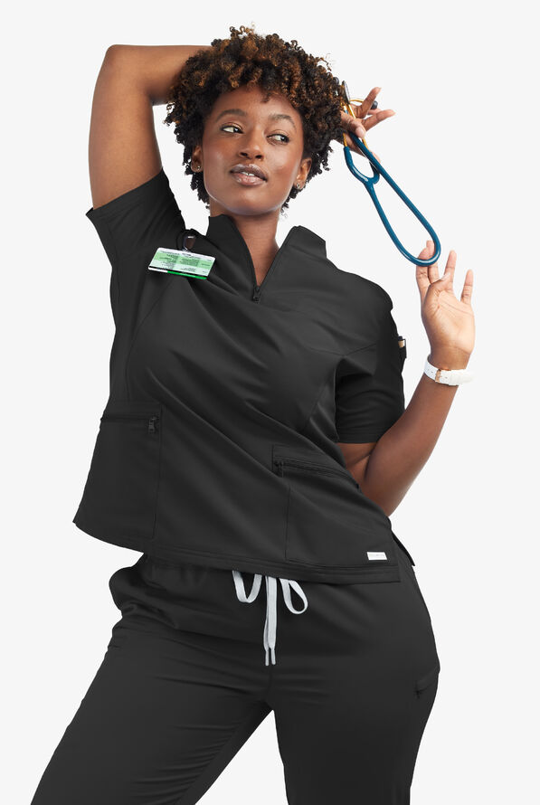 Butter-Soft Women's 5-Pocket Zipper Neck Short Sleeve Scrub Top **Slightly IRREGULAR** - Black - 8