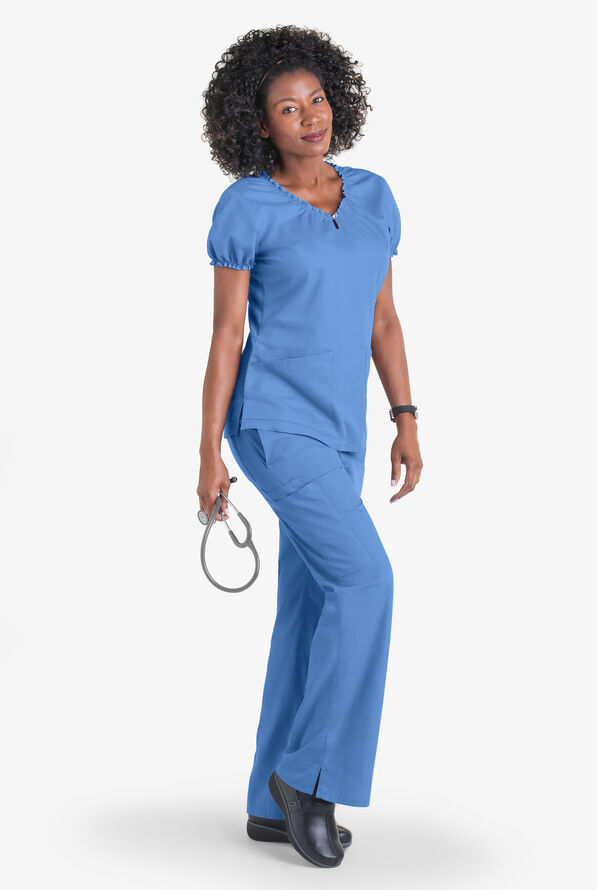 Butter-Soft Scrubs Women's 4-Pocket w/ Rhinestone Detail Keyhole Neck Scrub Top - Ceil Blue - 2