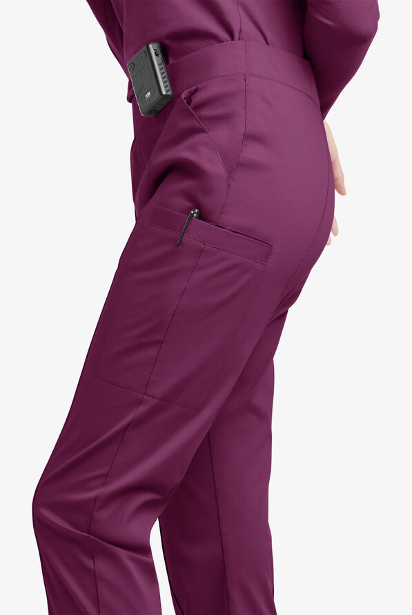 Pantal&oacute;n m&eacute;dico UA Butter-Soft STRETCH de piernas entalladas acortadas con ribete deportivo y 6 bolsillos para mujer - Wine/Silver Melange - 7