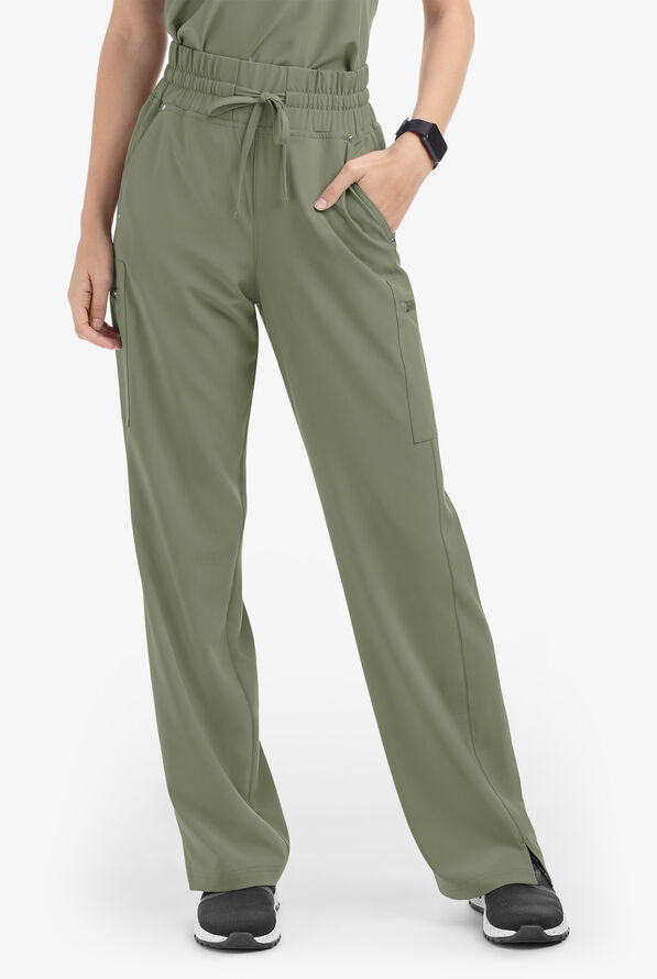 Easy STRETCH Ellie Women's 5-Pocket High Waisted Wide Leg Scrub Pants - Tall - Olive Leaf - 1
