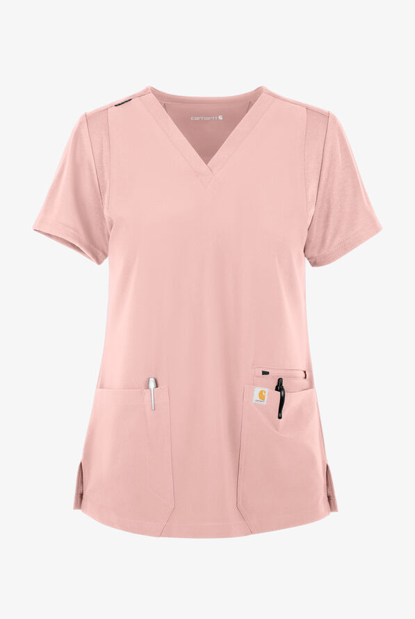 Carhartt Cross-Flex Force Women's 3-Pocket STRETCH Knit Panel Scrub Top - Soft Rose - 1