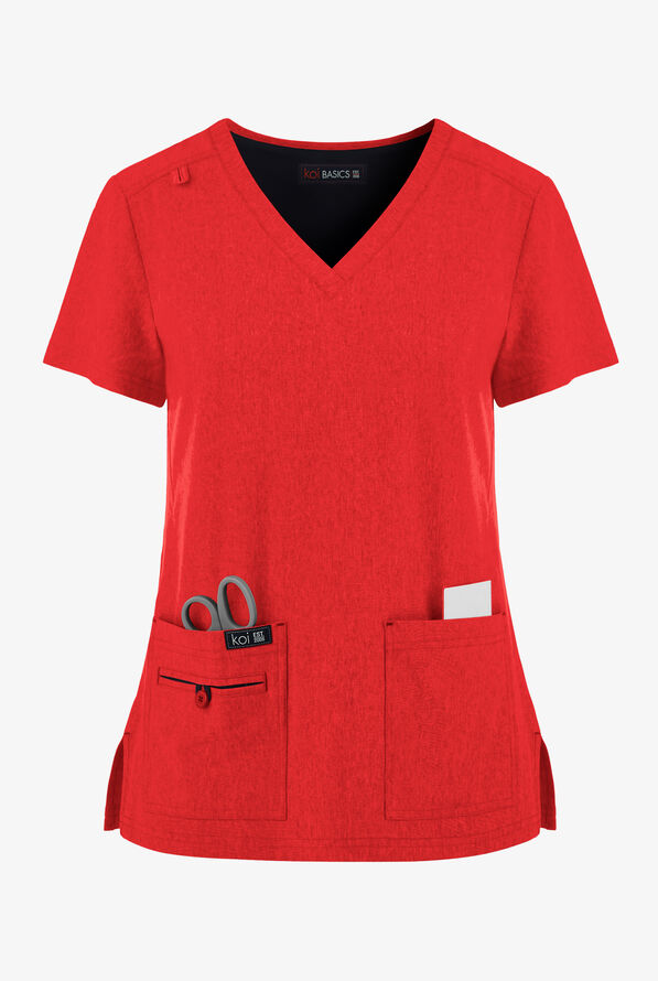 koi Basics Becca Women's 4-Pocket STRETCH V-Neck Scrub Top - Heather Candy Red - 1