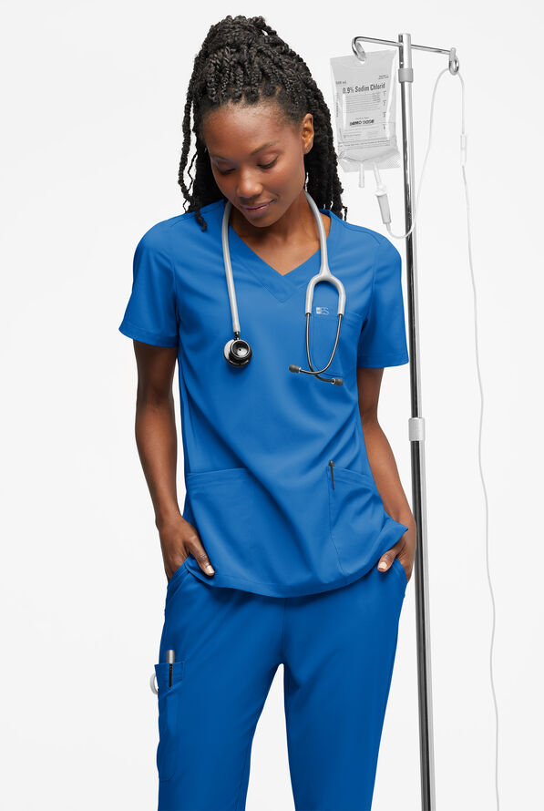 Easy STRETCH Tessa Women's 5-Pocket V-Neck Scrub Top - Royal - 4