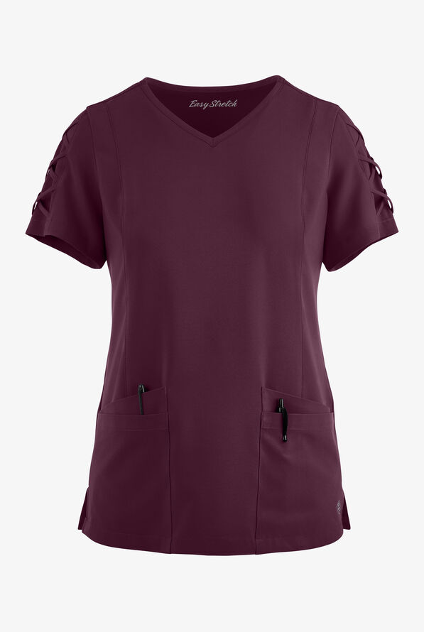 Easy STRETCH Kylie Woman's 5 Pocket V-Neck With Criss-Cross Detail Scrub Top - Dark Mulberry - 1
