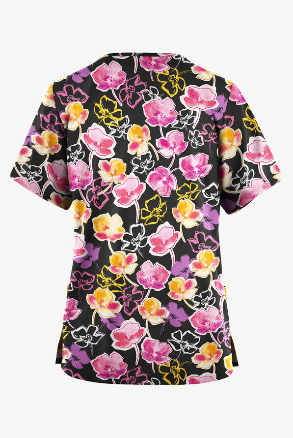Blusa médica estampada Butter-Soft Originals Spring Poppies Pewter con cuello en V y 2 bolsillos para mujer - null - 2